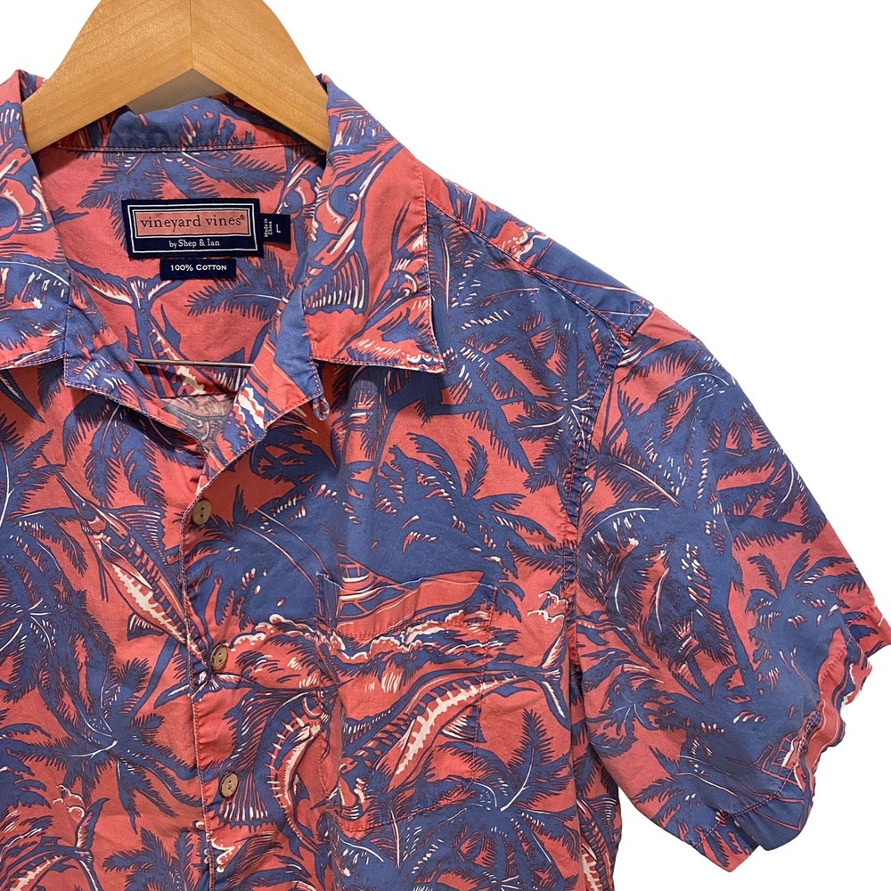 Vineyard Vines Mens Large Coral Blue Marlin Palm Tree Tropical Cotton Shirt